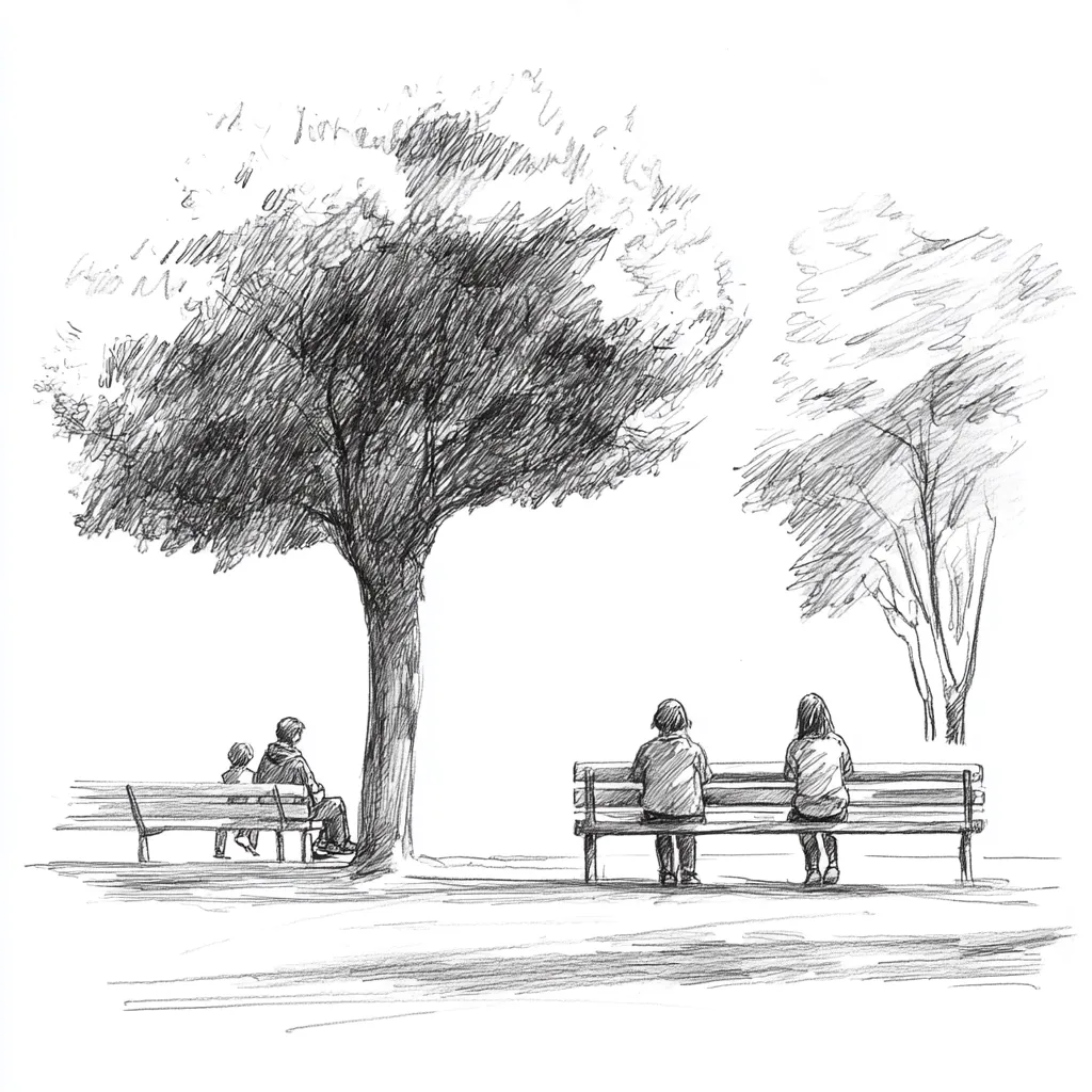 A pencil sketch depicts a tranquil park scene. Two couples sit on separate park benches, positioned under the shade of a large tree and near smaller trees. One couple sits close together, while the other maintains distance. The sketch uses shading and linework to create depth and texture, capturing a peaceful atmosphere.  The style is simple yet evocative of a quiet moment in a public space.