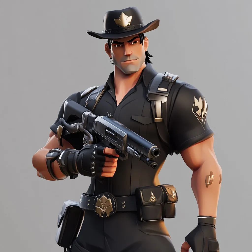 A muscular male character, rendered in a stylized 3D style, is depicted. He wears a black, tactical-style shirt and pants, a wide-brimmed hat with a gold emblem, and fingerless gloves.  He carries a pump-action shotgun and has a utility belt with pouches.  His expression is serious and determined, suggesting a strong and possibly law enforcement role.  The overall aesthetic is a blend of Western and futuristic elements.