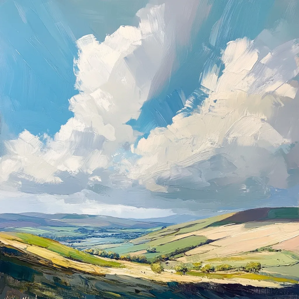 A vibrant landscape painting showcases a rolling hillside under a dramatic sky.  Thick, textured brushstrokes depict fluffy white clouds dominating a bright blue expanse. The valley below is a patchwork of greens and golds, hinting at fields and trees.  The overall impression is one of light, spaciousness, and the beauty of a sun-drenched rural scene.