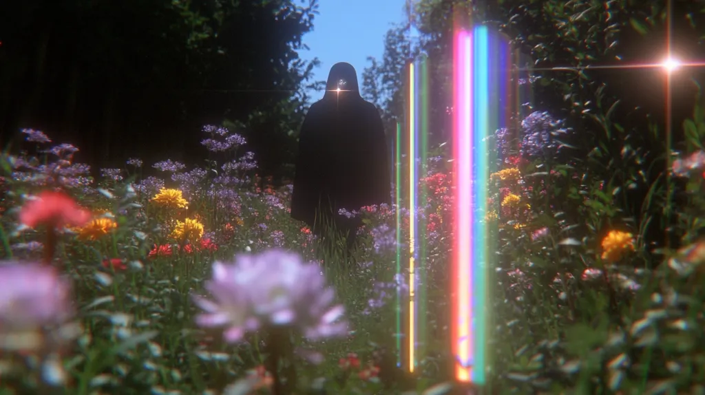 A figure cloaked in black stands in a vibrant garden, bathed in ethereal light.  Rainbow lens flares streak across the scene, adding a surreal quality to the colorful wildflowers. The atmosphere is mystical and dreamlike, the dark figure contrasting sharply with the bright blooms.  The image evokes a sense of mystery and otherworldly beauty.