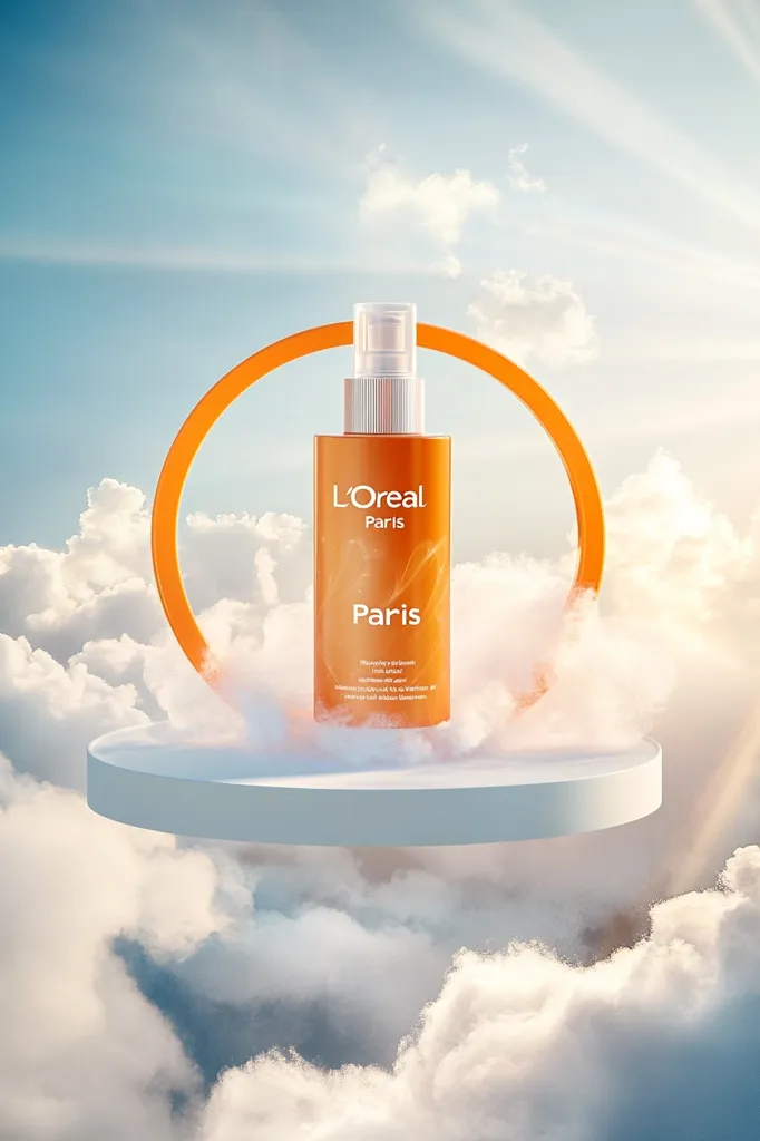 A bottle of L'Oréal Paris sunscreen sits on a white platform amidst fluffy clouds under a bright, sunny sky.  The bottle is amber-colored, showcasing the brand name prominently.  A large, orange circle frames the product, enhancing its presentation. The scene evokes a feeling of lightness and summery freshness, highlighting the product's association with sun protection and skincare.