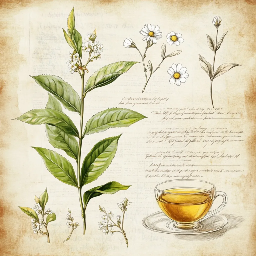 A botanical illustration depicts tea plant leaves and blossoms, accompanied by handwritten text resembling a vintage herbal guide.  Several small floral sprigs are also included. A cup of tea rests on a saucer in the lower right corner, completing the composition on a parchment-like background. The style evokes a classic, detailed scientific or artistic rendering of tea.