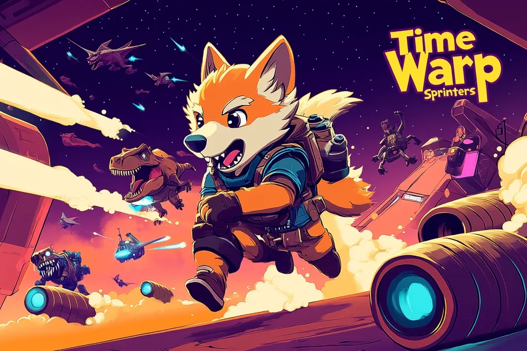 A vibrant illustration for the game "Time Warp Sprinters" features a cute, anthropomorphic fox character in a futuristic setting.  The fox, wearing a backpack and outfit, sprints through a dynamic scene filled with flying dinosaurs, spaceships, and other fantastical elements.  The background is a starry expanse with colorful explosions, conveying a sense of speed and adventure.  The title "Time Warp Sprinters" is prominently displayed.