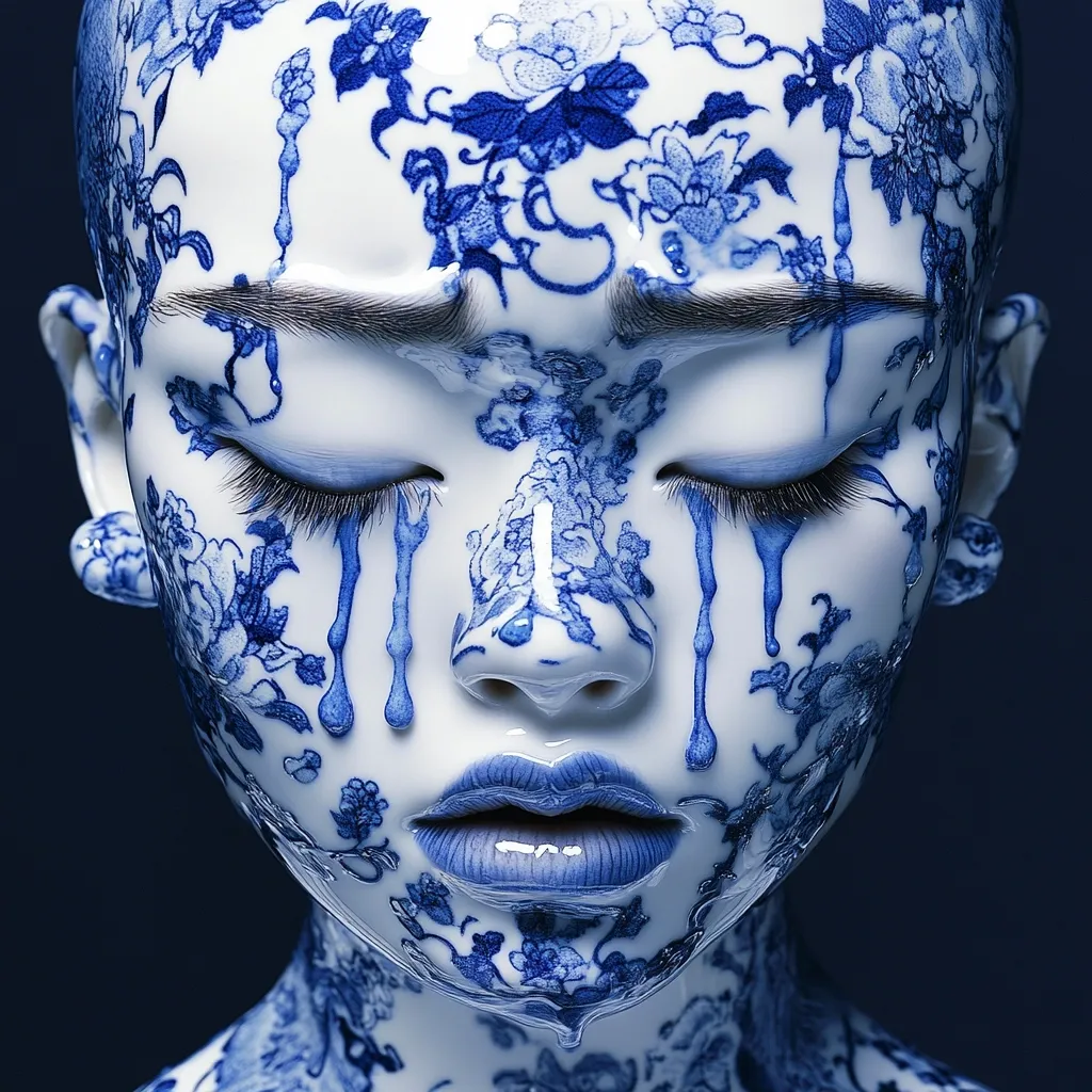 Close-up of a person's face adorned with intricate blue and white porcelain-like patterns.  The design resembles traditional Chinese blue and white floral motifs, with drips of the paint-like substance cascading down the face.  The model's eyes are closed, creating a serene yet striking image. The overall effect is one of artistic beauty and ethereal elegance.