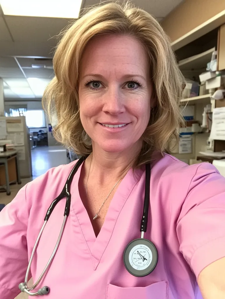 A blonde woman with a warm smile is pictured wearing a pink scrub top and stethoscope.  She appears to be in a medical setting, possibly a hospital or clinic. Her expression is friendly and approachable, suggesting a caring and professional demeanor.  The background is slightly blurred, showing a glimpse of an office space.