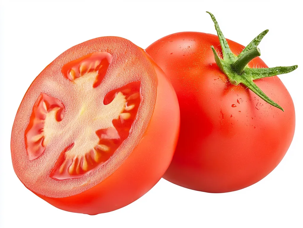 A juicy red tomato is halved, revealing its vibrant interior.  The cut side showcases the seed compartments and glistening flesh. Beside it sits a whole tomato, its smooth skin reflecting light.  Both tomatoes are ripe and appear fresh, isolated against a stark white background.