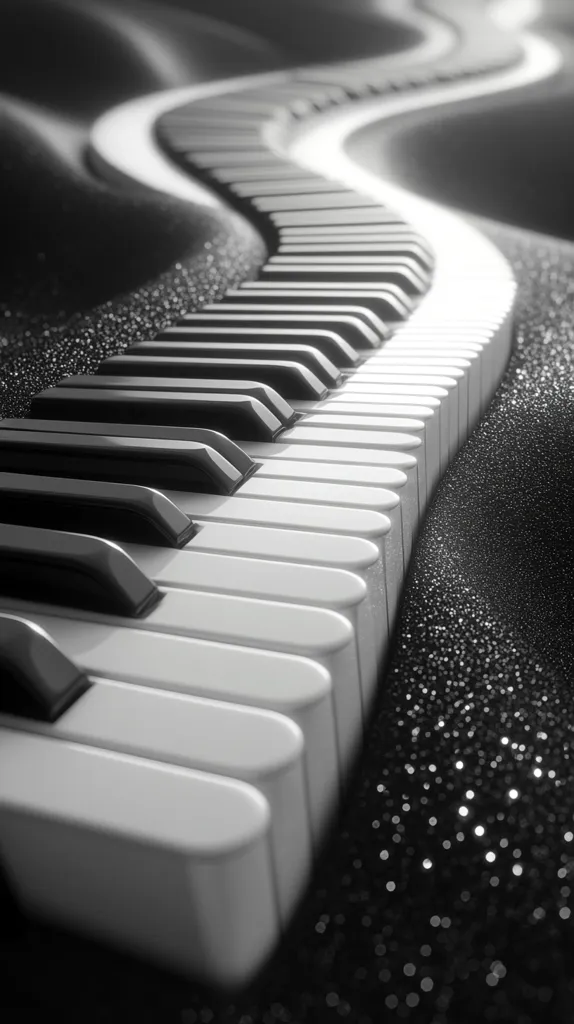 A grayscale image showcases a piano keyboard elegantly curving across a dark, glittering surface.  The keys are sharply defined, contrasting with the bokeh effect of the background's texture. The composition creates a sense of movement and musicality, emphasizing the beauty of the instrument. The lighting accentuates the curves and the texture of the surface, giving a dramatic, almost surreal feel.