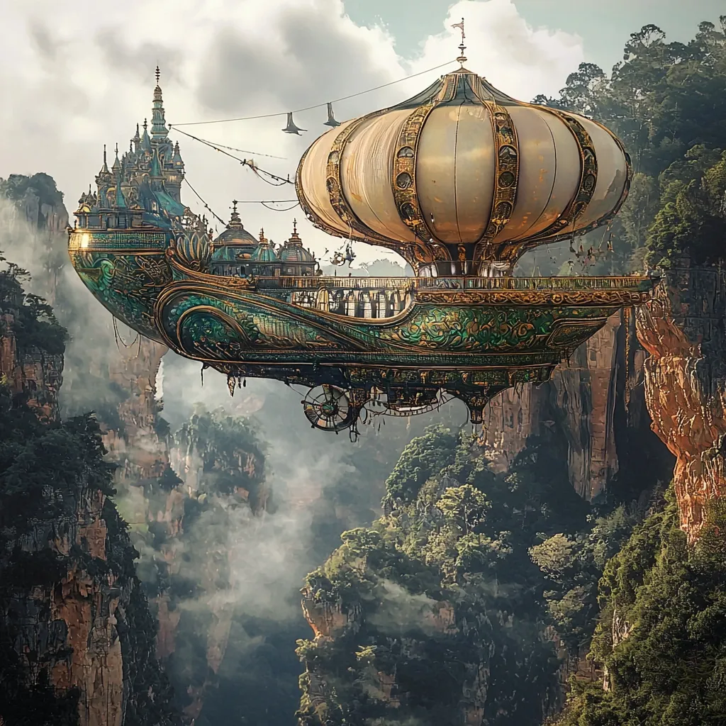 A majestic, ornate airship, reminiscent of steampunk design, floats between towering, mist-shrouded cliffs.  The vessel boasts a large, golden balloon and a lavish, castle-like structure on its deck, detailed with intricate carvings and embellishments.  People can be seen on the ship's upper levels.  The scene evokes a fantastical, otherworldly landscape.
