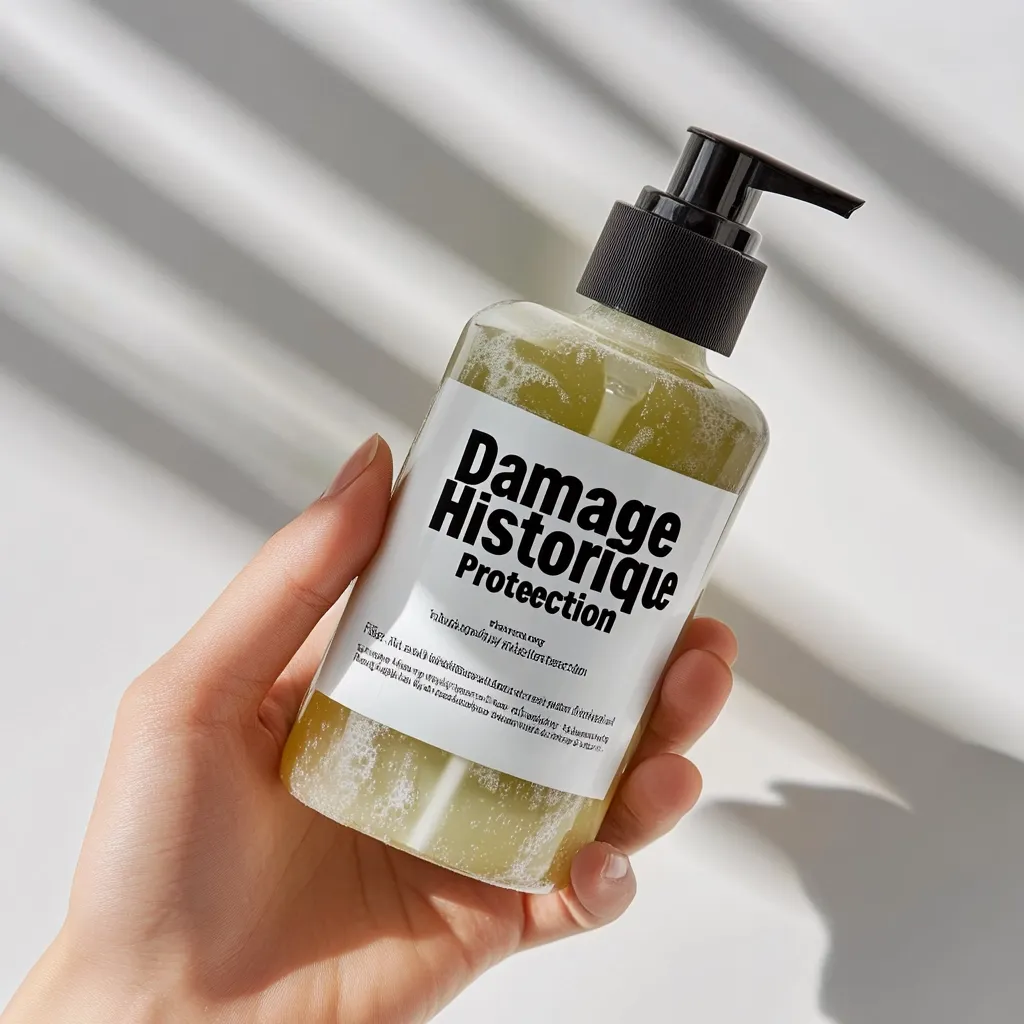 A hand holds a bottle of "Damage Historique Protection" hair product.  The bottle is clear, showing a light green liquid inside.  The label features bold black text on a white background, highlighting the product name.  The bottle has a pump dispenser, suggesting ease of use. The overall aesthetic is minimalist and clean.