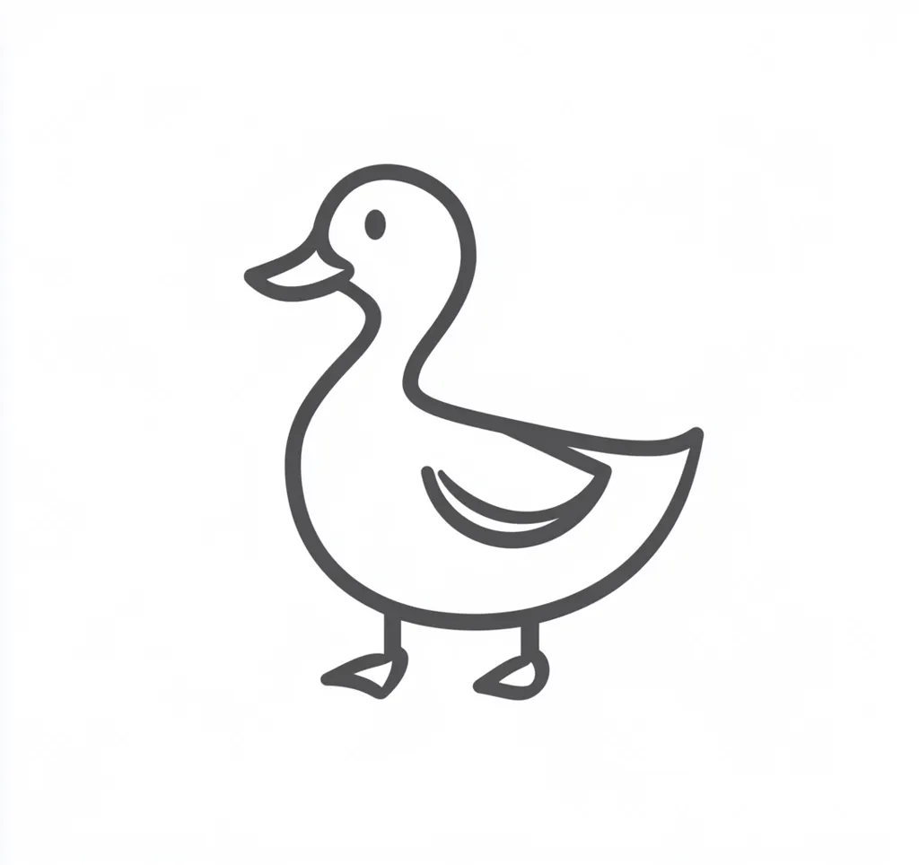 A simple line drawing of a duck facing left.  The duck has a rounded body, a slightly curved beak, and small, webbed feet. The style is minimalistic and cartoonish, suitable for children's illustrations or simple iconography.  The duck is depicted in a neutral gray tone against a white background.