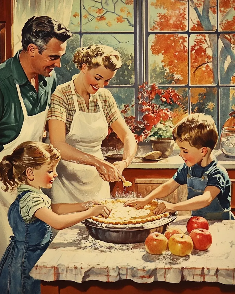 A heartwarming vintage illustration depicts a family of four baking an apple pie together. The parents, dressed in aprons, guide their two children as they sprinkle flour and add the final touches to the pie crust.  Warm autumnal light streams through a large window behind them, creating a cozy, nostalgic scene of family togetherness and domestic bliss.  Red apples sit ready on the table, complementing the autumnal ambiance.