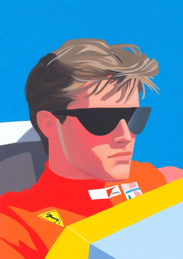 A stylized portrait of a man, possibly a race car driver, wearing a red racing suit and black sunglasses.  The bold, graphic style uses flat planes of color and simplified forms, characteristic of pop art or graphic design.  The Ferrari logo is visible on his suit, suggesting affiliation with the famed racing team. The bright blue background provides a stark contrast to the vibrant colors of the subject.