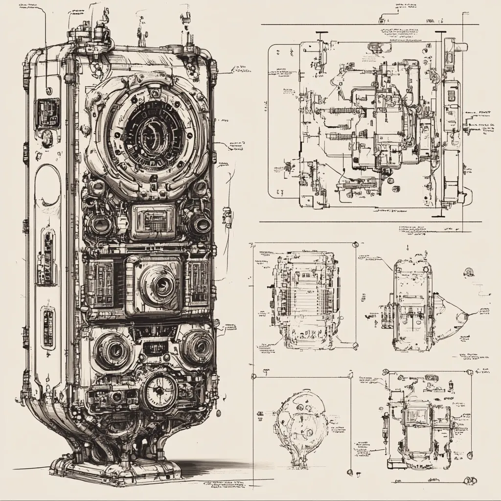 A detailed technical drawing showcases a complex, steampunk-inspired device.  The main illustration depicts a tall, intricately designed machine with numerous gears, dials, and compartments.  Surrounding it are smaller blueprints providing various perspectives and internal component layouts, suggesting a sophisticated mechanism with multiple functional sections. The style evokes a sense of intricate engineering and fantastical invention.