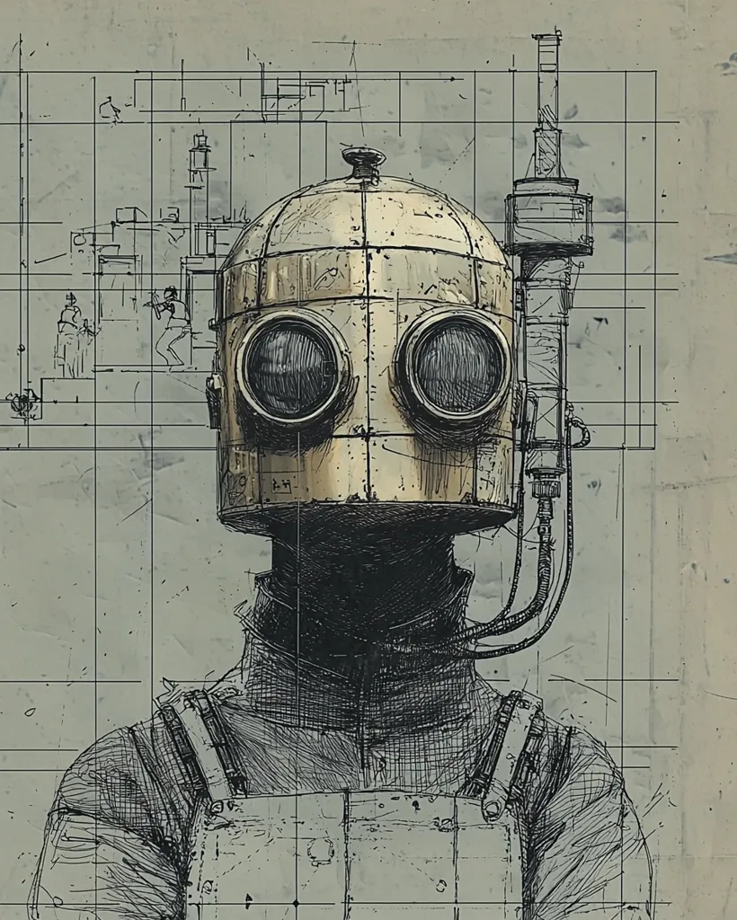 A stylized pen-and-ink drawing depicts a figure wearing a large, brass helmet with circular eye pieces and connected tubes.  The helmet's design is reminiscent of steampunk aesthetics. The figure's clothing suggests a worker's overall.  In the background, a faint grid and sketches of an industrial building and workers are visible, suggesting a blueprint or design process. The overall style is gritty and detailed, creating a sense of industrial mystery.