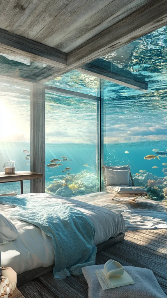 A serene bedroom with a stunning ocean view.  Large glass windows showcase vibrant coral reefs and colorful fish swimming below.  The room features a comfortable bed with a light blue throw, a wooden floor, and a minimalist chair.  Sunlight streams in, illuminating the tranquil scene. The overall design is luxurious and seamlessly blends indoor and outdoor spaces, creating an underwater paradise.