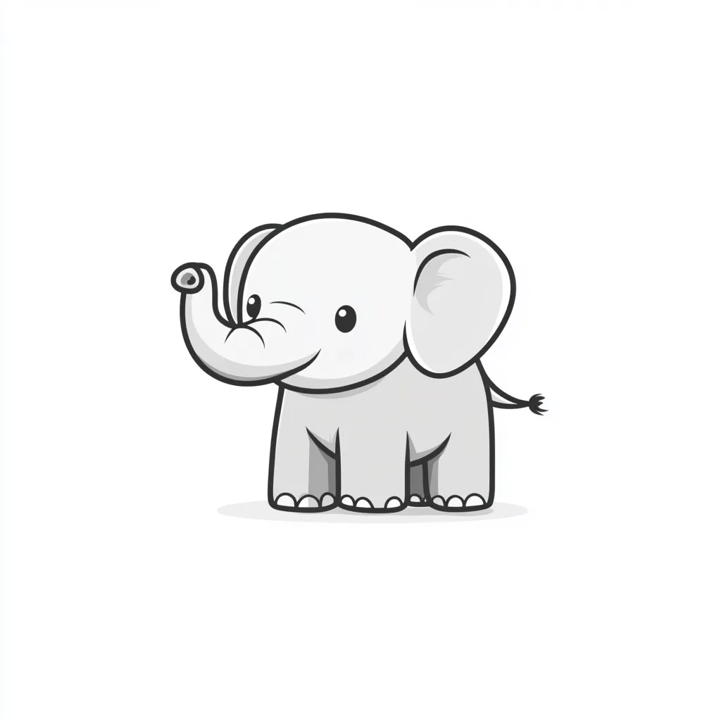 A cute cartoon baby elephant is depicted in grayscale.  It has large ears, big eyes, and a small, upward-curling trunk. The elephant is standing on all fours, its body is simplified, and its tail is small. The overall style is simple and charming, suitable for children's illustrations or branding.