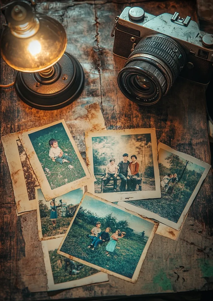 A vintage camera rests on a wooden table beside a dimly lit desk lamp.  Scattered across the surface are several aged, faded photographs, showing families and children in various settings.  The overall scene evokes a nostalgic feeling, reminiscent of treasured memories preserved over time. The worn condition of both the photos and camera adds to the antique aesthetic.