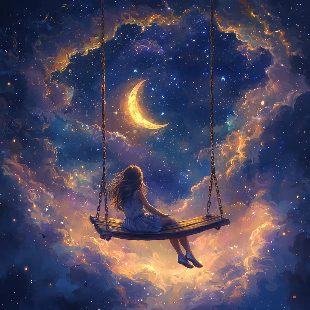 A girl with long brown hair sits on a swing suspended amidst a breathtaking night sky.  A luminous crescent moon hangs in the distance, surrounded by twinkling stars and vibrant, swirling clouds.  The scene is dreamlike and peaceful, evoking a sense of wonder and tranquility. The girl gazes serenely at the celestial spectacle, her peaceful posture adding to the magical ambiance.
