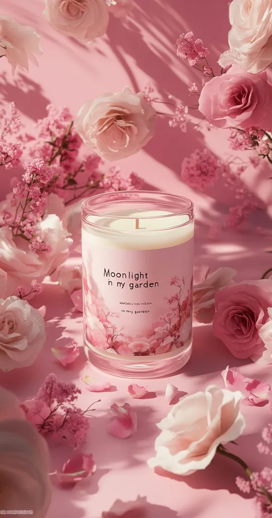 A cylindrical glass candle sits amidst a profusion of pale pink roses and blossoms.  The candle's label reads "Moonlight in my garden," reflecting the romantic and serene ambiance. Soft, diffused light casts delicate shadows on the petals, enhancing the overall dreamy aesthetic of the scene.  The overall effect is one of tranquility and delicate beauty.