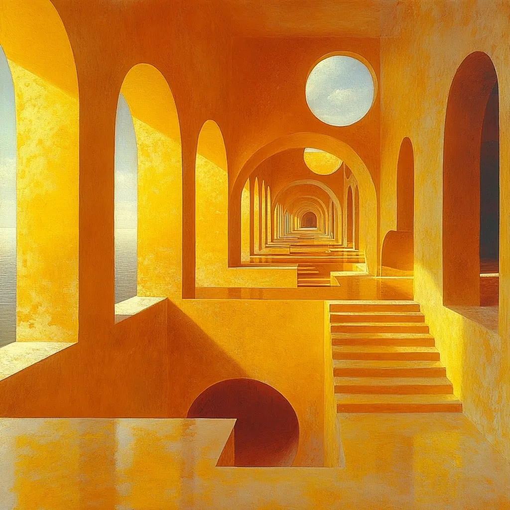 A vibrant yellow architectural structure dominates the image, featuring a long, receding perspective of arches and walkways.  Circular openings punctuate the walls, allowing glimpses of a pale sky and sea.  A staircase descends into the depth of the structure, creating a sense of mystery and endless space. The overall effect is one of surreal geometry and warm, golden light.