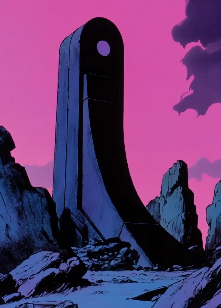 A stylized illustration depicts a futuristic, monolithic structure situated amidst a rocky, desolate landscape under a vibrant pink sky. The structure, dark and imposing, features a circular window near its apex.  The rocks are jagged and dark, contrasting with the bright, almost otherworldly sky. The overall aesthetic is reminiscent of science fiction or fantasy art, with a strong emphasis on contrasting colors and sharp lines.