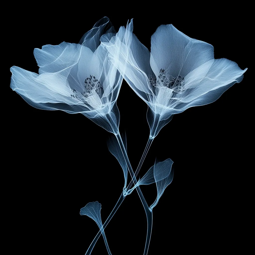 A captivating image showcases two delicate flowers, their ethereal forms rendered in shades of blue against a stark black background.  The x-ray-like style reveals intricate details of the petals, stems, and leaves, creating a ghostly, almost spectral effect.  The composition is elegant and minimalist, highlighting the beauty of the flowers' structure.  The overall feel is both artistic and scientific, a unique blend of nature and technology.