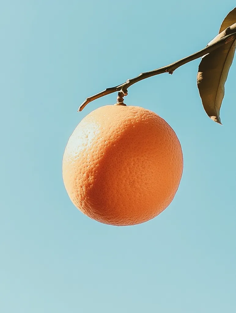 A single, ripe orange hangs from a slender branch against a clear, light-blue sky.  The orange is round and vibrant, its textured skin glowing in the sunlight.  A leaf partially obscures the branch, creating a simple yet striking image of nature's bounty. The scene is minimalist and evokes a feeling of warmth and freshness.