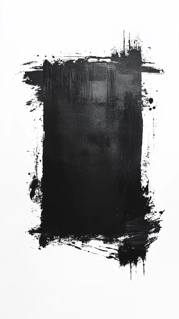 A stark black rectangular shape is the focal point, rendered with thick, expressive brushstrokes against a pristine white backdrop. The black paint bleeds slightly at the edges, creating a raw, energetic feel.  The texture is visible, showing the impasto technique.  The overall impression is one of bold simplicity and artistic freedom.