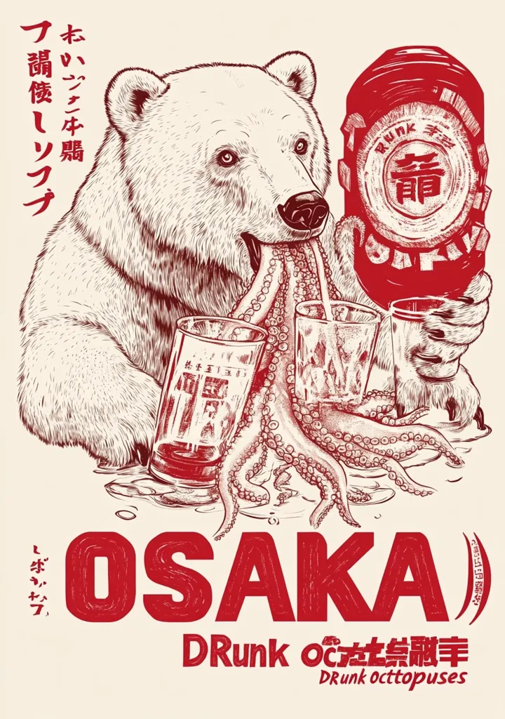 A polar bear enjoys a can of Osaka beer while simultaneously consuming a drunken octopus.  The scene is depicted in a red and white line drawing style, reminiscent of vintage Japanese woodblock prints.  The image is titled "Osaka Drunk Octopuses," further emphasizing the playful and slightly surreal nature of the artwork.  Surrounding the bear and octopus are several glasses of beer, enhancing the theme of inebriation.