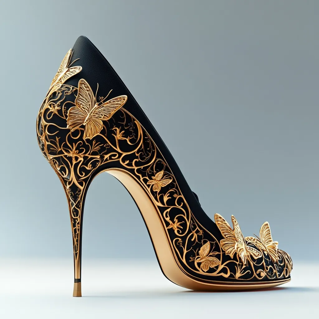 A black high-heeled pump is exquisitely adorned with intricate gold detailing.  The design features delicate gold filigree swirling across the shoe, interspersed with golden butterflies.  The slender, elegant heel complements the ornate embellishments, creating a luxurious and dramatic effect.  The overall impression is one of opulence and artistry.