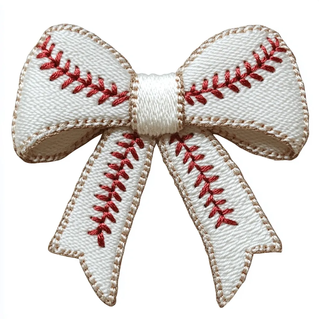 A cream-colored fabric bow features red stitching mimicking baseball stitching.  The stitching outlines the edges of the bow and creates a baseball-inspired design. The bow is tied in a classic style and appears to be an embroidered patch or decorative element.  The material is textured and the overall effect is charming and whimsical.
