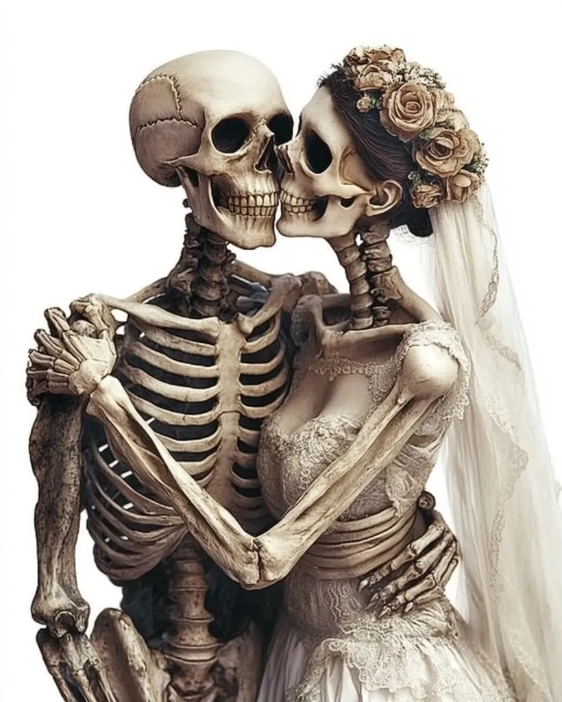 A romantic depiction of two skeletons embracing. The female skeleton wears a delicate wedding dress and floral crown, while the male skeleton holds her close.  Their skeletal forms create a poignant contrast with the bridal attire, suggesting themes of mortality and enduring love, often associated with Day of the Dead imagery.  The image is stark yet beautiful, with a focus on detail in the bone structure and the wedding dress.