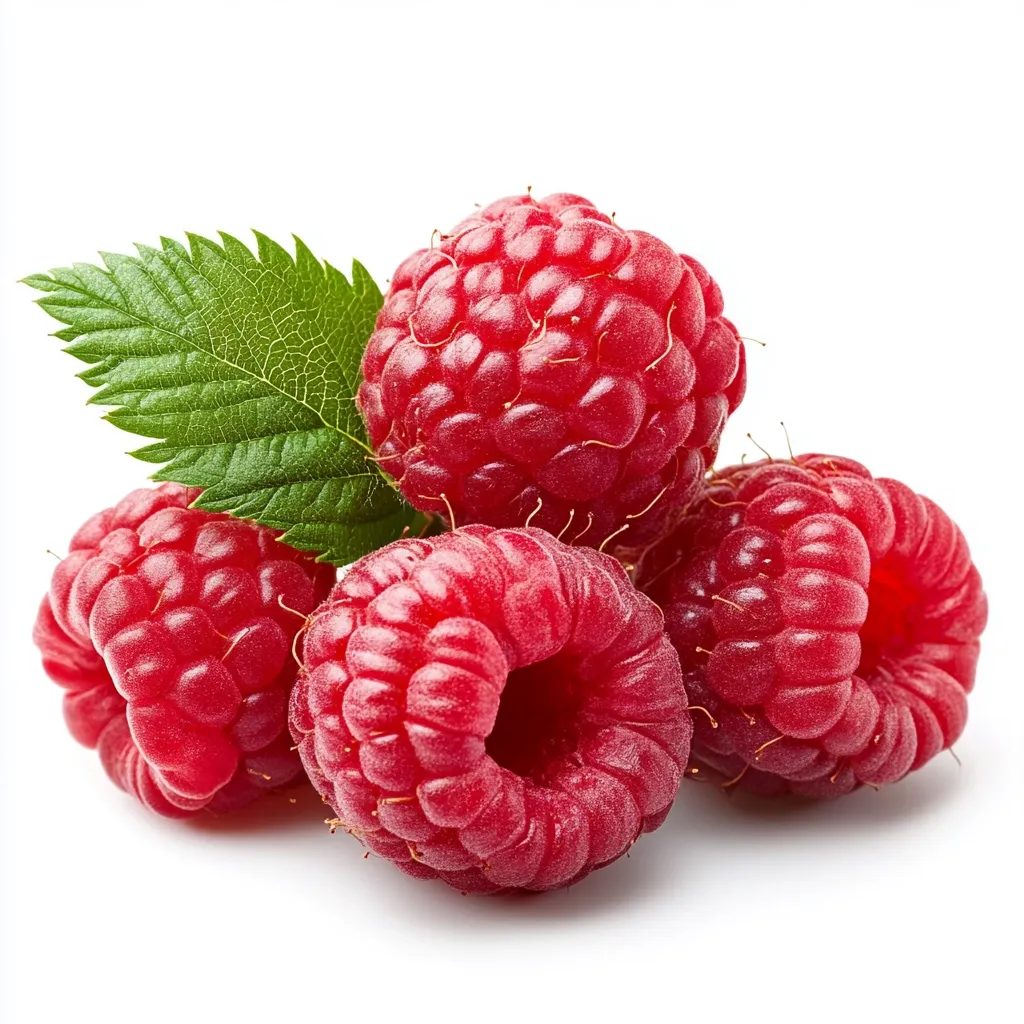 A cluster of four ripe raspberries sits on a white background.  The raspberries are vibrant red, plump, and juicy-looking.  A single green raspberry leaf rests behind and slightly under the berries, adding a touch of freshness to the image.  The overall presentation is clean and highlights the bright color and texture of the fruit.