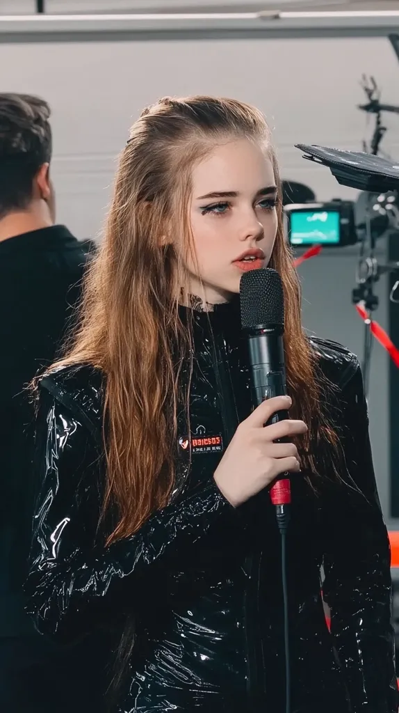 A young woman with long brown hair, wearing a black patent leather jacket, holds a microphone.  Her expression is serious and she appears to be preparing to speak or sing. The background suggests a professional recording or filming environment.  The overall aesthetic is dark and stylish.