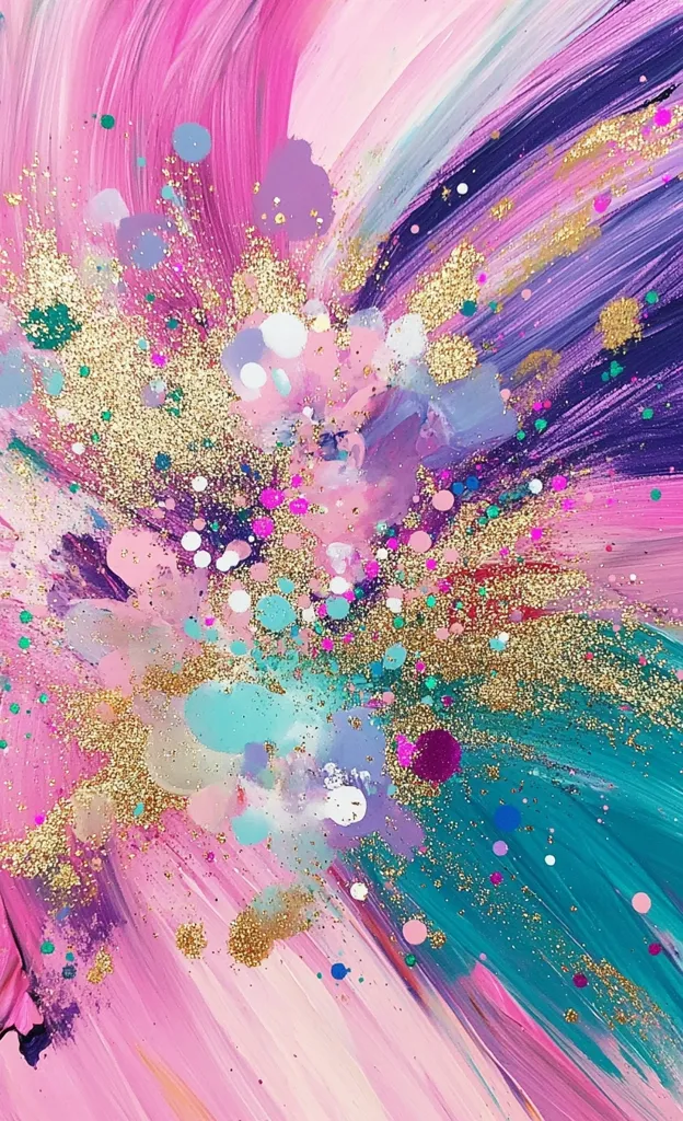 A vibrant abstract painting bursts with color and texture.  Swirling brushstrokes in shades of pink, purple, and teal create a dynamic energy.  Speckles of gold glitter are scattered throughout, adding a touch of sparkle and luminosity.  The overall effect is one of joyful chaos and exuberant creativity.
