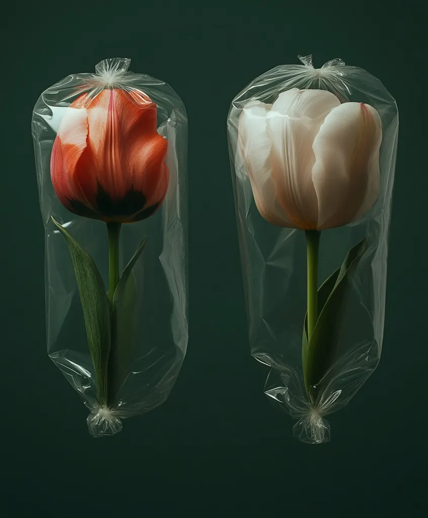 Two tulips, one orange-red and one off-white, are individually encased in clear plastic bags.  The bags are tied at the bottom, holding the tulips upright against a deep green background. The image creates a stark contrast between the delicate flowers and the plastic packaging, suggesting themes of fragility and environmental awareness.