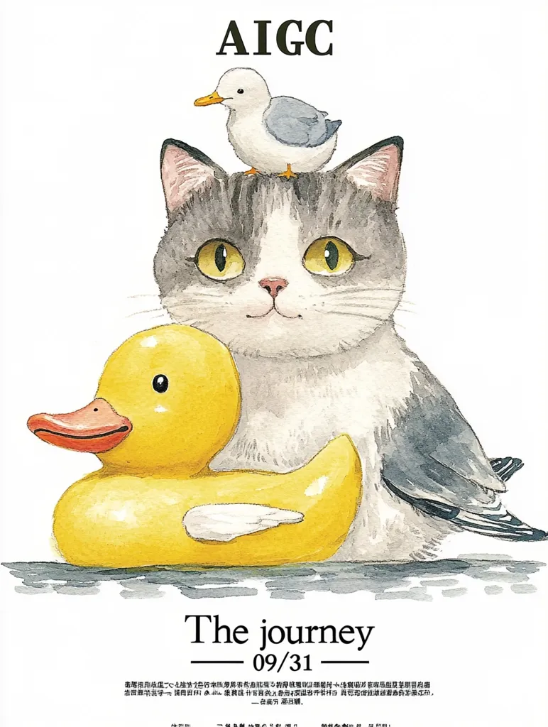 A charming watercolor illustration depicts a grey and white cat with a small seagull perched on its head.  A yellow rubber duck sits in front of the cat.  The words "AIGC," "The Journey," and "09/31" are prominently displayed. The overall style is cute and whimsical.  The image likely represents a journey or adventure.