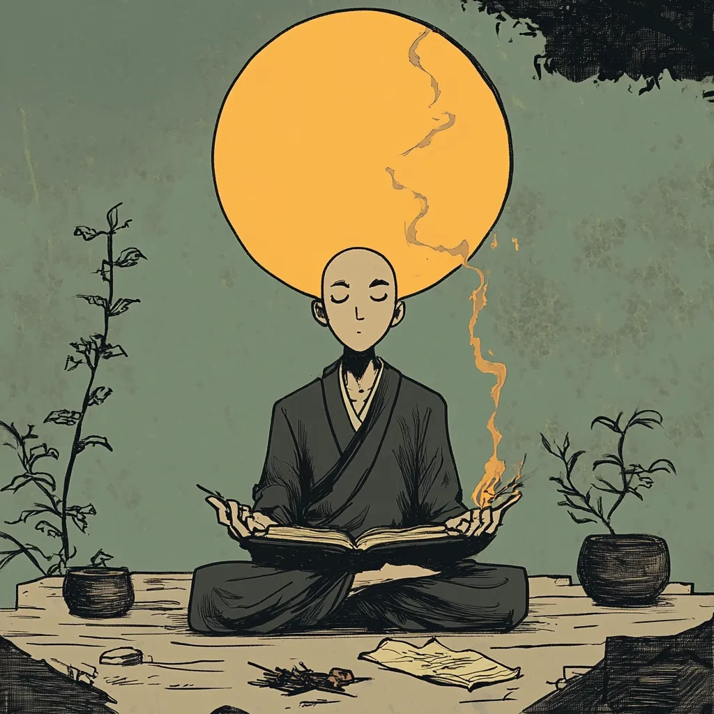 A bald monk, serene and contemplative, sits in a lotus position, holding an open book emitting flames.  A large, yellow orb hovers above his head, emanating wispy smoke.  He's surrounded by minimalist plant life and small pots, creating a tranquil yet mystical atmosphere.  The scene is rendered in a muted color palette with a textured, hand-drawn style.