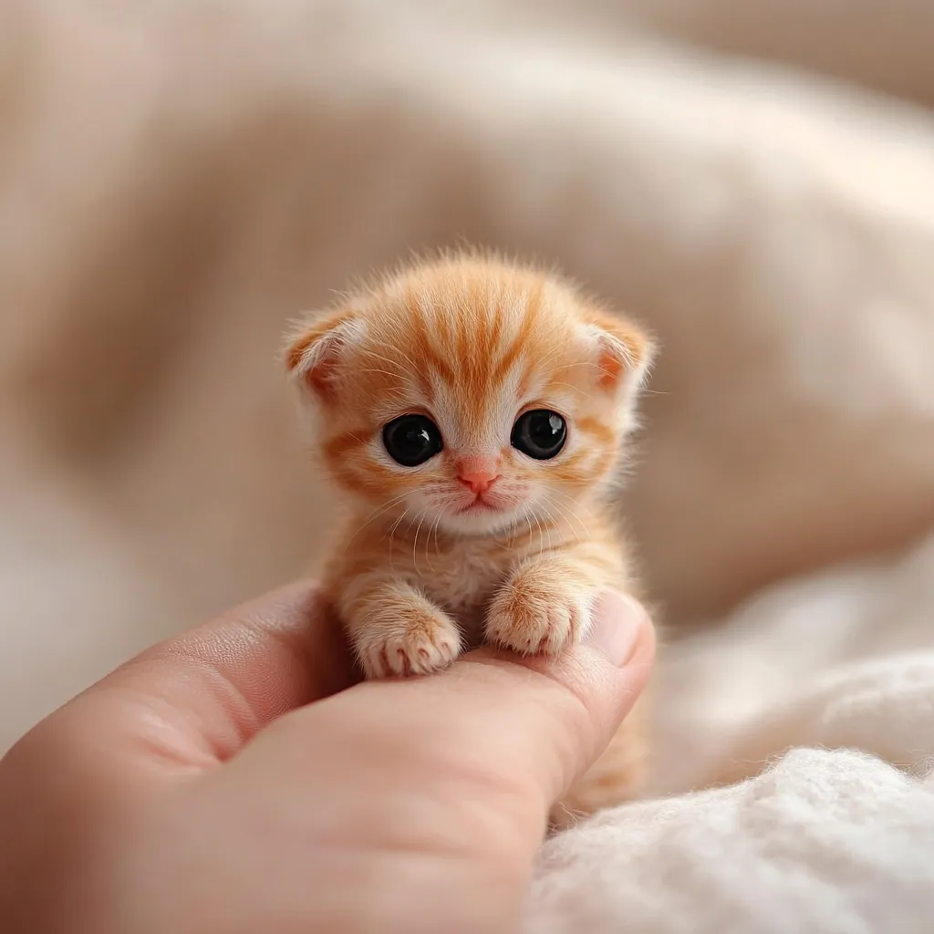 A tiny orange kitten with large, expressive eyes sits gently cradled in a person's hand.  Its fur is soft and fluffy, and its paws are neatly tucked together. The kitten appears small and vulnerable, creating a heartwarming image. The background is blurred, focusing attention on the adorable feline.
