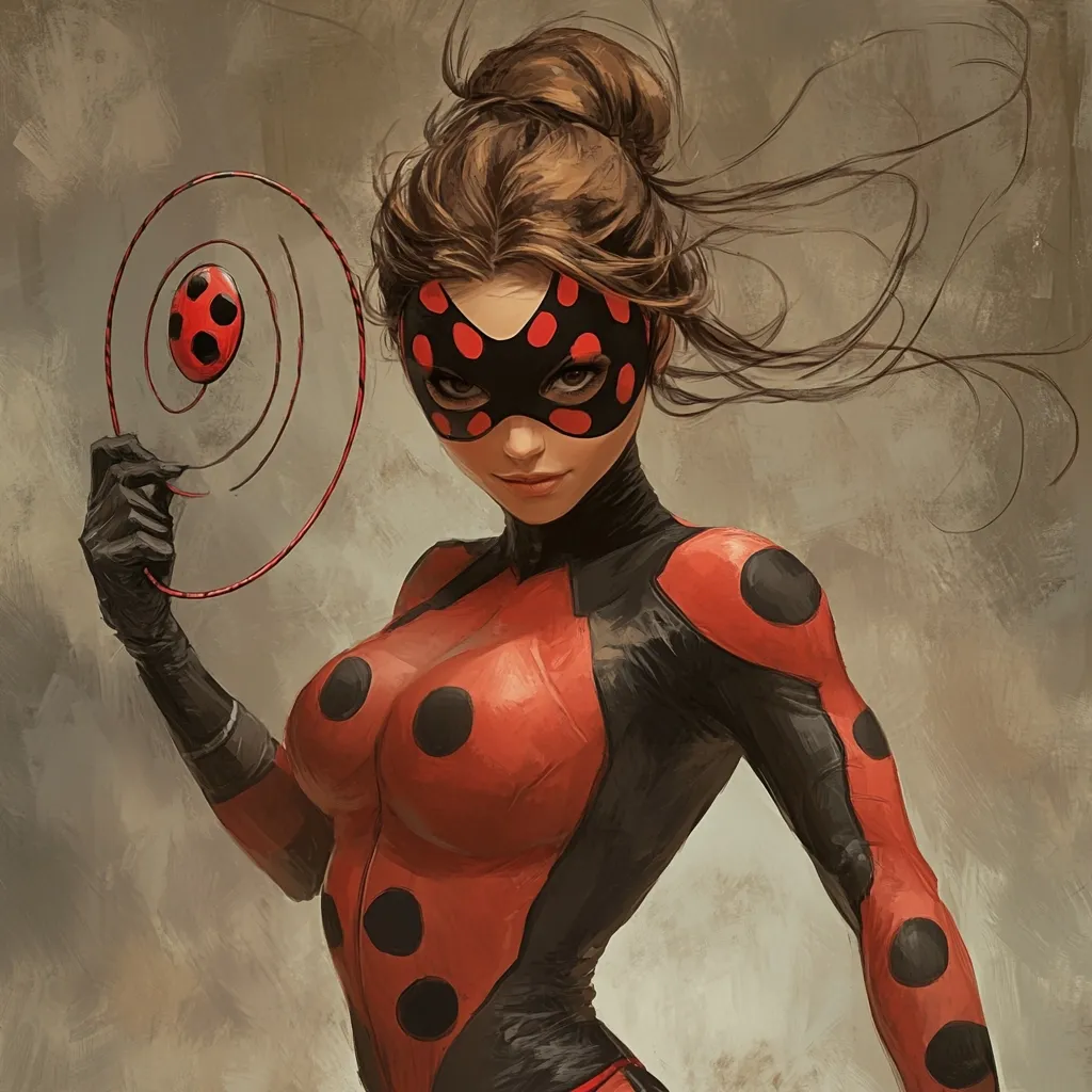 A stylized illustration depicts a female superhero, possibly Ladybug, with reddish-brown hair in a bun. She wears a red and black bodysuit adorned with black polka dots, a matching mask, and black gloves.  She holds a circular, wire-like object with a small ladybug charm. Her expression is serious and confident, her hair flowing slightly in the wind. The artistic style is painterly and dramatic.