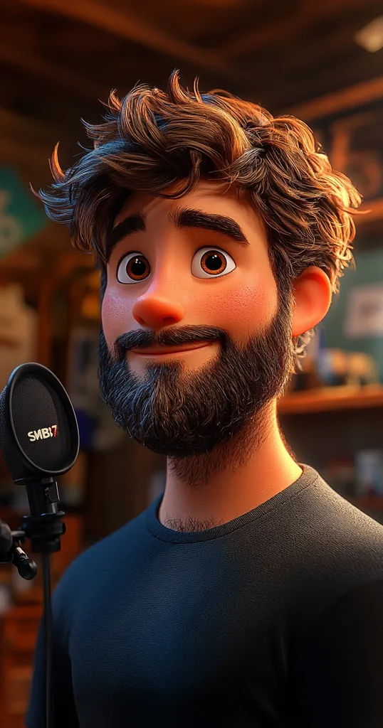 A close-up shot of a stylized cartoon man with brown, curly hair and a beard. He's wearing a dark navy blue crew neck t-shirt and is positioned in front of a microphone, suggesting he might be recording or broadcasting.  His expression is pleasant and relaxed, with large, expressive eyes. The background is blurred, but hints at a home studio setting.  The overall style is 3D animated and highly detailed.