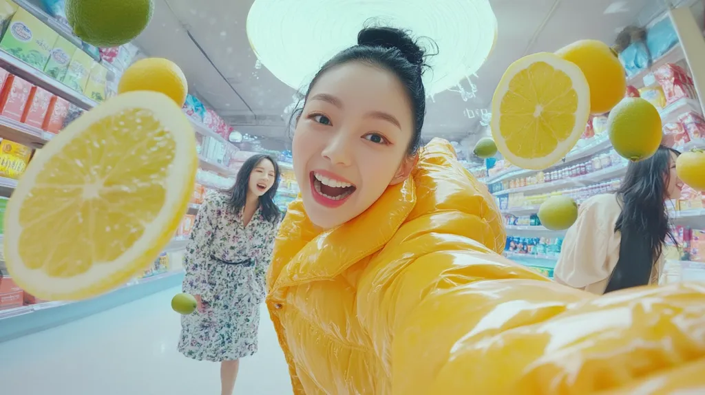 A vibrant selfie features a young woman in a bright yellow puffer jacket, smiling broadly.  Lemons and limes float around her in a whimsical supermarket setting. Two other women in floral dresses are visible in the background, adding to the cheerful and playful atmosphere. The image is brightly lit and saturated with color.