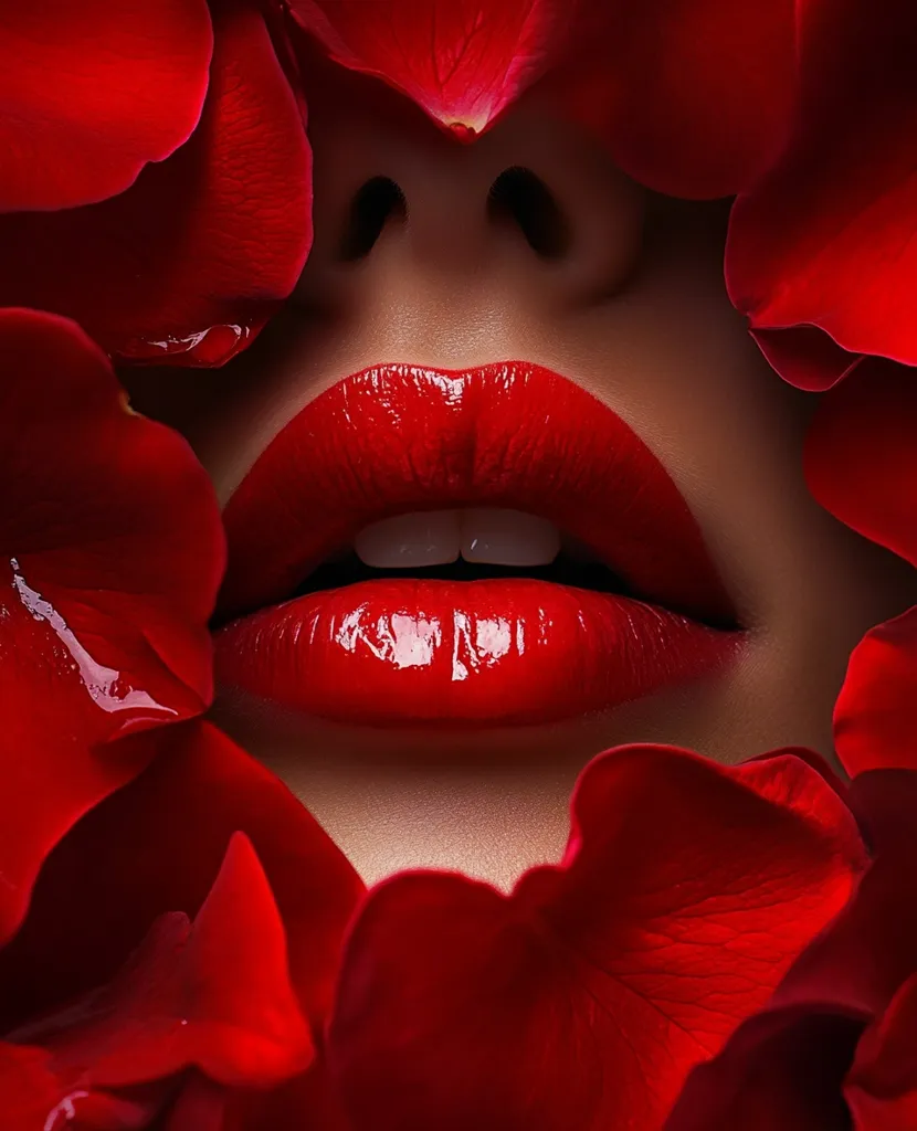A close-up shot features a woman's face partially obscured by lush, red rose petals.  Only her nose and full, luscious lips, painted a vibrant red, are visible. The image evokes a sense of romance and beauty, emphasizing the rich color contrast between the petals and the bold lipstick.  The petals appear moist, adding to the overall luxurious feel.
