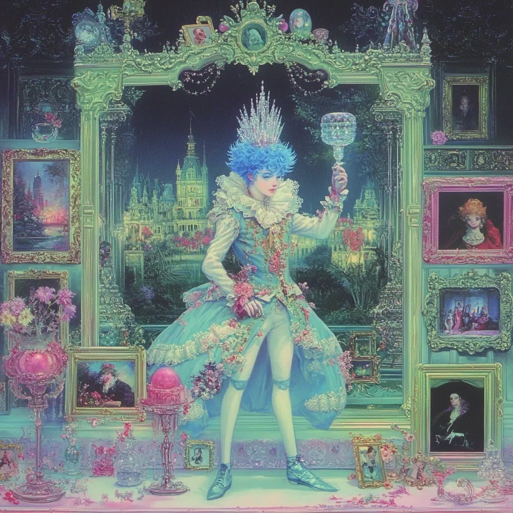 A pastel-toned painting depicts a regal figure, adorned in a light blue, ornate gown and a sparkling crown.  They hold a glass aloft, standing before a large mirror reflecting a fairytale castle.  Surrounding the central figure are numerous smaller framed pictures and decorative objects, creating a richly detailed and whimsical scene. The overall style is fantastical and reminiscent of Rococo art.