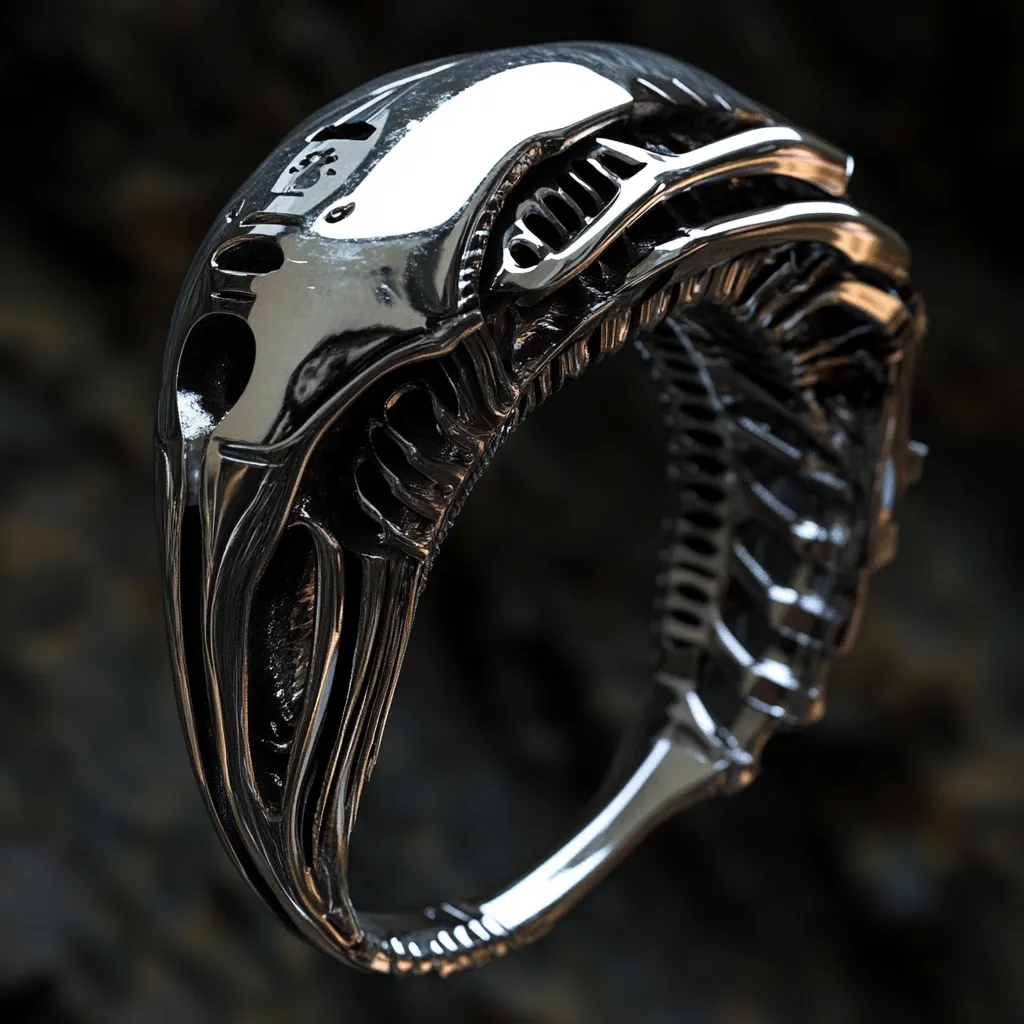 A meticulously crafted silver ring, shaped like an Alien Xenomorph head, is showcased against a dark, textured backdrop. The ring's design captures intricate details of the creature's skull and inner structure, exhibiting a high level of polish and reflective surface on the head. The band is sleek and subtly textured, completing the striking and unique piece of jewelry.