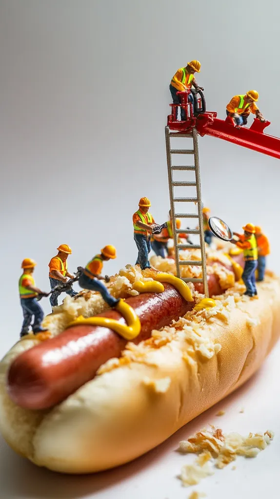 Miniature construction workers meticulously assemble a hot dog.  They use tiny tools and a ladder to construct the loaded hot dog, complete with mustard and what appears to be fried onions.  The scene is a whimsical juxtaposition of scale, contrasting the tiny figures with the large, appetizing hot dog.  The overall image is humorous and creatively staged.