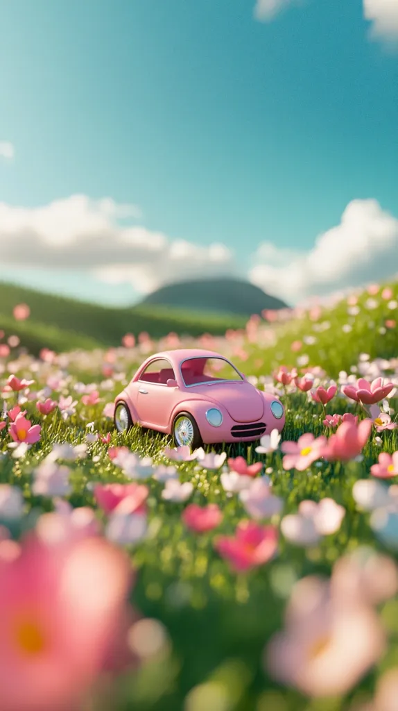 A charming pink toy car sits nestled in a vibrant field of wildflowers.  The sunny scene is idyllic, with a gentle hill and clear blue sky in the background.  Soft, pastel-colored flowers surround the car, creating a whimsical and cheerful image. The overall feeling is one of carefree joy and springtime happiness.