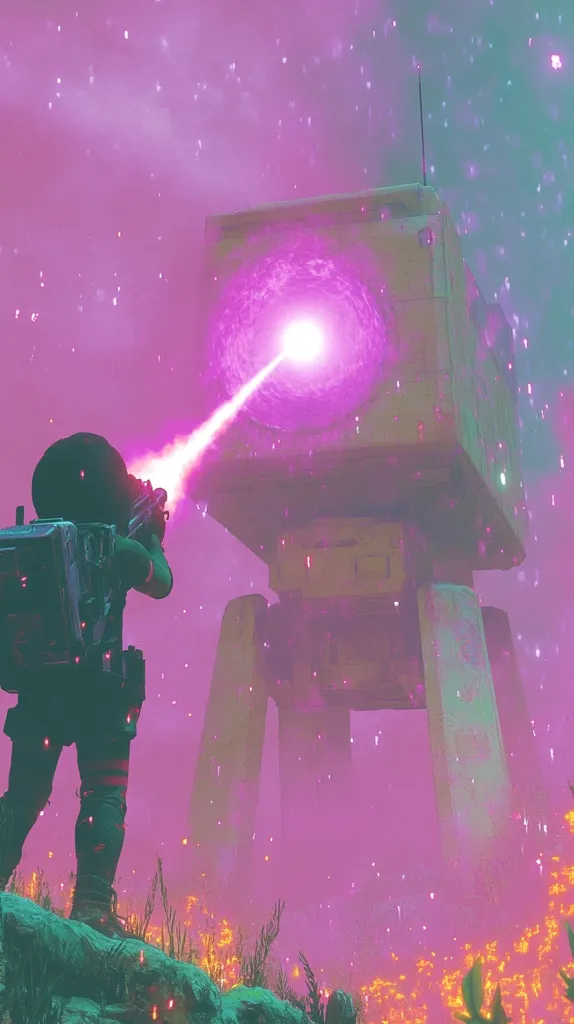 A lone soldier, clad in dark armor and carrying a backpack, fires a vibrant pink energy beam from a futuristic weapon at a large, boxy, quadrupedal machine.  The scene is bathed in a surreal, pinkish-purple light, with a hazy atmosphere and glowing particles floating in the air.  Burning vegetation surrounds the base of the machine, creating a dramatic and otherworldly landscape.