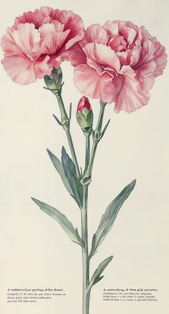A watercolor painting depicts three pink carnations.  Two fully bloomed flowers are showcased, along with a closed bud. The delicate petals and subtle shading create a realistic portrayal. The stem and leaves are rendered with detail, emphasizing the plant's elegant structure. The soft, light background enhances the flowers' vibrant color.