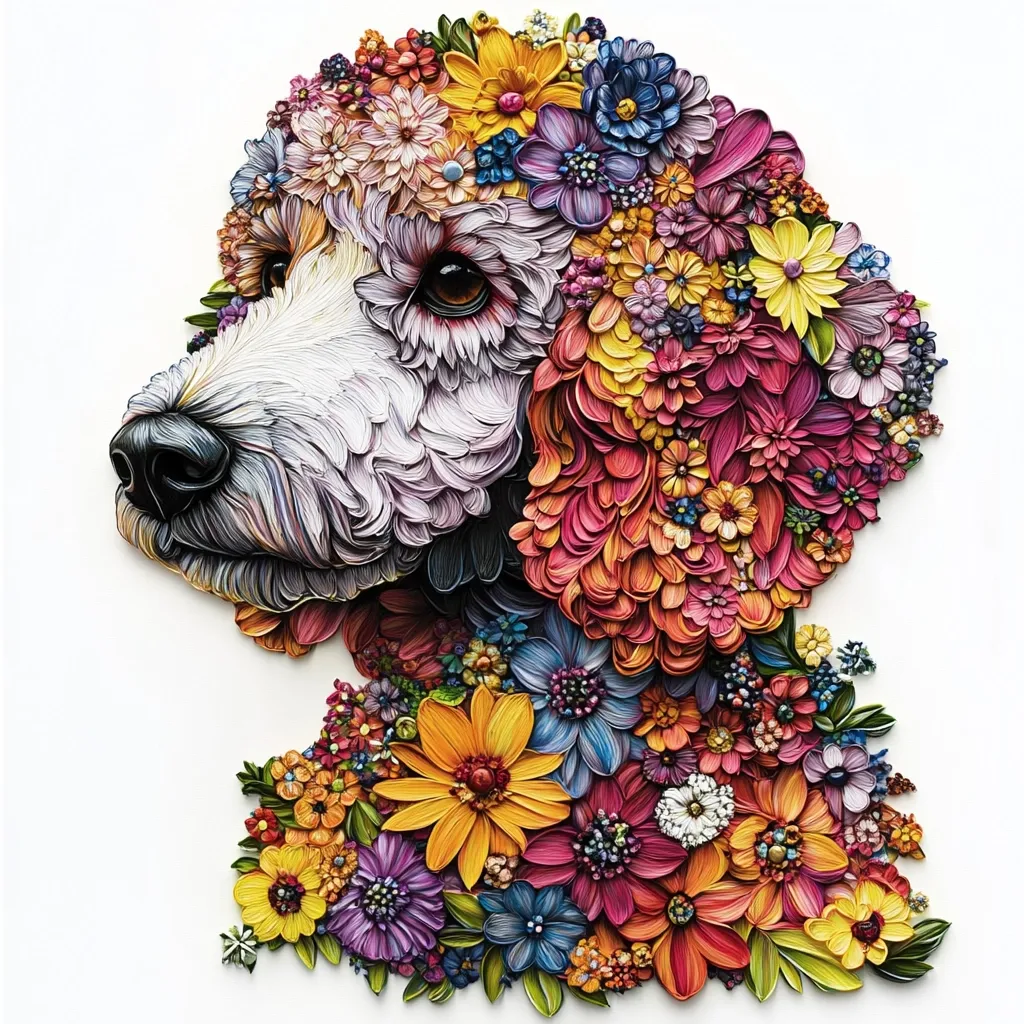 A stunning paper art piece depicts a poodle's head and shoulders crafted entirely from intricately layered, vibrant flowers.  The dog's fluffy fur is represented by densely packed blossoms in varying shades of pink, purple, yellow, and orange.  The detailed work showcases a masterful blend of realism and floral artistry, creating a unique and captivating image.